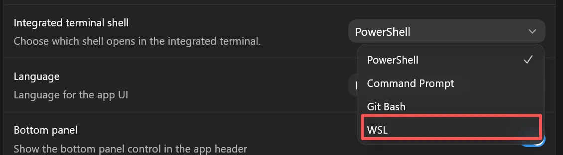 Codex Integrated terminal shell 切换到 WSL